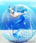  1boy artist_name bare_arms bare_back bare_shoulders blue blue_eyes copyright_request fins fish_tail kudou_(wil0830s) male_focus merman monster_boy solo tail text water 
