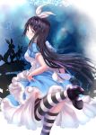  1girl alice_in_wonderland black_hair blue_eyes breasts card checkered checkered_background gorua_(youce01) long_hair original playing_card rabbit silhouette solo striped striped_legwear thigh-highs 