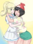  2girls ^_^ bare_legs beanie black_hair blonde_hair blush braid closed_eyes evuoaniramu female_protagonist_(pokemon_sm) floral_print french_braid green_eyes green_shorts hat hood hug lillie_(pokemon) long_hair miniskirt multiple_girls open_mouth pleated_skirt pokemon pokemon_(game) pokemon_sm red_hat shirt short_hair short_shorts short_sleeves shorts skirt smile spoilers t-shirt tied_shirt white_shirt white_skirt yuri 