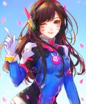  1girl animal_print bangs black_eyes blue_bodysuit blush bodysuit breasts brown_hair bunny_print cherry_blossoms closed_mouth d.va_(overwatch) eyebrows_visible_through_hair facepaint gloves headset long_hair looking_at_viewer medium_breasts overwatch petals pointing pointing_up ribbed_bodysuit ruuto-kun screen smile solo swept_bangs upper_body whisker_markings white_gloves 