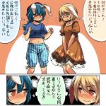  2girls animal_ears blonde_hair blue_hair blue_shirt blue_shorts blush comic cosplay costume_switch covering covering_crotch cowboy_shot crescent_print dress embarrassed floppy_ears flying_sweatdrops frilled_dress frills hair_between_eyes hat looking_at_another midriff multiple_girls navel no_hat no_headwear orange_background orange_dress puffy_short_sleeves puffy_shorts puffy_sleeves purple_hat rabbit_ears red_eyes ringo_(touhou) seiran_(touhou) shirt short_hair short_sleeves shorts star star_print striped striped_shorts sweat touhou translation_request v_arms wavy_mouth yudepii 