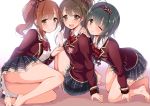  3girls barefoot black_hair blazer blush bow brown_eyes brown_hair feet hair_bow idolmaster idolmaster_cinderella_girls idolmaster_cinderella_girls_starlight_stage igarashi_kyouko jacket kohinata_miho long_hair looking_at_viewer love_letter_(idolmaster) multiple_girls one_eye_closed plaid plaid_skirt saki_chisuzu school_uniform shimamura_uzuki short_hair side_ponytail simple_background skirt smile solo 