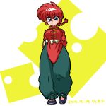  1girl black_pants black_shoes blue_eyes braid chinese_clothes closed_mouth dated full_body genderswap genderswap_(mtf) long_sleeves looking_at_viewer pants ranma-chan ranma_1/2 red_shirt redhead shirt shoes short_hair single_braid sleeves_rolled_up solo standing wantan-orz yellow_background 