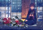  1girl black_hair blurry blush breath depth_of_field fire flower hair_flower hair_ornament japanese_clothes kimono long_hair nail_polish original porch red_eyes reflection shadow sliding_doors snow solo yasumo_(kuusouorbital) 