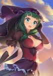  1girl :d aqua_eyes blush breasts cleavage clouds corset erect_nipples frills front_ponytail gloves green_hair kagiyama_hina long_hair looking_at_viewer mountain open_mouth puffy_sleeves see-through sky smile solo touhou upper_body zimajiang 