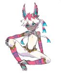  1boy animal_ears arm_support blue_eyes dark_skin detached_sleeves elbow_gloves fingerless_gloves gloves hand_on_own_knee leotard looking_at_viewer multicolored_hair oimo_(14sainobba) pants personification pokemon ribbon short_hair sitting smirk solo streaked_hair sylveon white_hair 