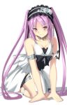  1girl armlet blush breasts dress euryale fate/grand_order fate/hollow_ataraxia fate_(series) hairband hirame_sa jewelry kneeling light_smile long_hair looking_at_viewer necklace purple_hair small_breasts solo thigh_strap twintails very_long_hair violet_eyes white_dress 