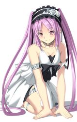  1girl armlet blush breasts dress euryale fate/grand_order fate/hollow_ataraxia fate_(series) hairband hirame_sa jewelry kneeling light_smile long_hair looking_at_viewer necklace purple_hair small_breasts solo thigh_strap twintails very_long_hair violet_eyes white_dress 