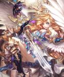  1girl blonde_hair blue_eyes breasts cleavage halo highres legs_up long_hair looking_at_viewer medium_breasts olivia_(yh) parted_lips smile solo sword thighs weapon wings 