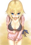  1girl bikini_top blonde_hair blue_eyes blush braid breasts cleavage embarrassed fate/grand_order fate_(series) front-tie_bikini front-tie_top highres jacket jacket_tug kazama_ryuu_(kazama0003) large_breasts long_hair looking_down low-tied_long_hair open_mouth ruler_(fate/apocrypha) single_braid solo swimsuit swimsuit_under_clothes wavy_mouth 