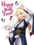  1girl bird blonde_hair blue_eyes chicken happy_new_year headgear highres iowa_(kantai_collection) japanese_clothes kantai_collection kimono new_year one_eye_closed open_mouth rooster smile solo star star-shaped_pupils symbol-shaped_pupils taka_(vert_320) v 