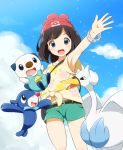  1girl armpits bangs beanie belt black_hair blue_eyes female_protagonist_(pokemon_sm) floral_print hat highres oshawott parted_bangs pokemon pokemon_(creature) pokemon_(game) pokemon_sm popplio red_hat shirt short_hair short_sleeves shorts swanna tied_shirt yellow_shirt 