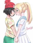  2girls beanie black_hair blonde_hair blush eye_contact female_protagonist_(pokemon_sm) forehead-to-forehead hand_holding hat highres lillie_(pokemon) looking_at_another multiple_girls pokemon pokemon_(game) pokemon_sm ponytail sereneandsilent short_shorts shorts skirt yuri 