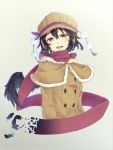  1girl alternate_costume black_hair black_wings capelet coat earmuffs feathers hat looking_at_viewer mumyuu pom_pom_(clothes) red_eyes red_scarf scarf shameimaru_aya simple_background smile solo touhou wings winter_clothes winter_coat 
