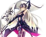  1girl arm_up armor armored_boots armpits banner bare_shoulders black_dress black_gloves blonde_hair boots chains dress elbow_gloves fate/grand_order fate_(series) gloves greaves headpiece jeanne_alter long_hair looking_at_viewer navel_cutout parted_lips ruler_(fate/apocrypha) senghei_jerryu sheath sheathed solo sword thigh-highs thigh_boots very_long_hair weapon white_background yellow_eyes 