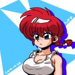  1girl bangs big_breasts blue_background blue_eyes braid breasts cleavage closed_mouth dated genderswap genderswap_(mtf) looking_to_the_side medium_breasts paw_print portrait ranma-chan ranma_1/2 redhead shirt short_hair single_braid solo standing tank_top wantan-orz white_shirt 