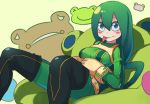  1girl asui_tsuyu belt black_hair black_legwear blush_stickers bodysuit boku_no_hero_academia eyelashes frog frog_girl gloves green_bodysuit hair_rings long_hair long_tongue looking_at_viewer sitting solo thigh-highs tongue tongue_out virgosdf 