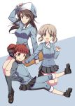  3girls aki_(girls_und_panzer) ankle_boots bangs blue_boots blue_hat blue_shirt blue_shoes blue_skirt blunt_bangs boots brown_eyes brown_hair closed_mouth commentary_request dress_shirt full_body girls_und_panzer green_eyes grey_legwear grey_skirt grin hand_on_own_head hands_in_pockets haruna_hisui hat holding_instrument instrument jacket kantele light_brown_hair loafers long_hair long_sleeves looking_at_viewer mika_(girls_und_panzer) mikko_(girls_und_panzer) miniskirt multiple_girls one_eye_closed open_mouth pants pants_rolled_up pants_under_skirt pleated_skirt red_eyes redhead school_uniform shirt shoes short_hair short_twintails skirt smile socks striped striped_shirt track_jacket track_pants twintails vertical-striped_shirt vertical_stripes white_shirt 