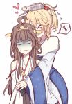  &gt;_&lt; 2girls :d ahoge bare_shoulders blonde_hair brown_hair closed_eyes commentary furisode hairband hat heart heart_ahoge height_difference hug hug_from_behind iowa_(kantai_collection) japanese_clothes kantai_collection kimono kongou_(kantai_collection) kvlen multiple_girls nontraditional_miko open_mouth ponytail sketch skirt smile turn_pale wide_sleeves xd yuri 
