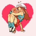  &gt;_&lt; 1girl :d blue_(pokemon) blush brown_hair carrying closed_eyes commentary_request hat heart heart_background hitmonlee leg_warmers long_hair oimo_(14sainobba) open_mouth pokemon pokemon_(creature) princess_carry shoes size_difference skirt smile sneakers sweatdrop xd 
