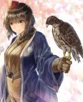  1girl alternate_costume animal animal_on_hand bangs bird black_hair brown_eyes closed_mouth eagle eyebrows_visible_through_hair falconry from_side hat highres japanese_clothes kimono long_sleeves looking_at_viewer looking_to_the_side netamaru obi sash shameimaru_aya short_hair smile solo tokin_hat touhou wide_sleeves 