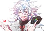  1boy :d fate/grand_order fate_(series) gift_card google heart kyouna merlin_(fate/stay_night) one_eye_closed open_mouth smile solo violet_eyes white_background white_hair 