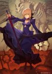  1girl blonde_hair bow breasts character_name cleavage copyright_name dark_excalibur detached_sleeves dress fate/grand_order fate_(series) felix_(felix901123) full_body hair_bow highres looking_at_viewer purple_dress saber saber_alter skeleton solo wide_sleeves yellow_eyes 