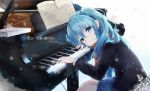  1girl aqua_eyes aqua_hair blue_skirt book hatsune_miku highres instrument jacket k.syo.e+ long_hair looking_at_viewer musical_note piano scarf sitting skirt solo tears twintails vocaloid 