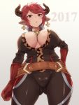  1girl 2017 animal_ears belt breasts cleavage cow_ears cow_horns cross cross_earrings curvy earrings from_below gloves gluteal_fold granblue_fantasy horns huge_breasts jewelry looking_at_viewer looking_down moshoko_(mizuneroku) open_mouth pointy_ears red_eyes redhead short_hair solo soo strum_(granblue_fantasy) thick_thighs thighs wide_hips 