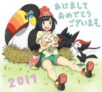  1girl 2017 :d ^_^ bag bangs bare_arms bare_legs beak beanie belt bird bird_wings black_hair blush bob_cut brown_belt carrying closed_eyes collarbone crossed_arms feathered_wings feathers female_protagonist_(pokemon_sm) floral_print full_body grass green_shorts grey_eyes handbag hat holding looking_at_viewer nest open_mouth owl parted_bangs pikipek pokemon pokemon_(creature) pokemon_(game) pokemon_sm red_hat rowlet shirt shoes short_hair short_sleeves shorts simple_background sitting smile sneakers strap talons teeth text tongue toucan toucannon translation_request white_background wings woodpecker yellow_shirt you_(maumauyo) 