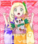 1girl :o arms_up artist_request bangs blonde_hair blunt_bangs eyelashes flower flower_on_head green_eyes hair_flower hair_ornament highres japanese_clothes kimono lillie_(pokemon) multicolored_kimono new_year open_mouth pink_background pokemon pokemon_(game) pokemon_sm ponytail rowlet side_ponytail simple_background solo text 