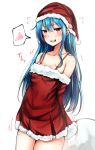  &gt;:d 1girl :d alternate_costume bare_shoulders blue_hair blush breasts collarbone cowboy_shot dress flying_sweatdrops food fruit fur_trim hair_between_eyes hat highres hinanawi_tenshi long_hair looking_at_viewer open_mouth peach red_dress red_eyes sack santa_costume santa_hat short_dress sidelocks small_breasts smile solo spoken_blush sweat touhou white_background yuhito_(ablbex) 