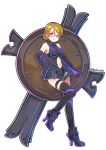  1girl armor armored_dress bare_shoulders brown_hair cosplay dress elbow_gloves fate/grand_order fate_(series) full_body glasses gloves high_heels kelinch1 koizumi_hanayo leotard looking_at_viewer love_live! love_live!_school_idol_project navel navel_cutout parted_lips red-framed_eyewear shielder_(fate/grand_order) shielder_(fate/grand_order)_(cosplay) short_dress short_hair solo standing standing_on_one_leg thigh-highs twitter_username violet_eyes 