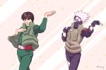  2boys black_hair dancing fingerless_gloves forehead_protector gloves hatake_kakashi koi_dance mask might_guy multiple_boys naruto risuo silver_hair 