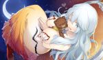  1girl ;d artemis_(fate/grand_order) between_breasts blue_eyes blue_hair breasts citron_82 cleavage crescent_moon dress fate/grand_order fate_(series) hands_together heart large_breasts long_hair moon one_eye_closed open_mouth orion_(fate/grand_order) smile strapless strapless_dress stuffed_animal stuffed_toy teddy_bear wavy_hair 