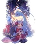  1girl altaria black_legwear blobfish capelet character_request commentary flat_chest flower gloves hair_flower hair_ornament heterochromia horns kanekiru litwick merry_christmas pokemon pokemon_(creature) pokemon_(game) red_eyes red_gloves rowlet seiza sitting snow thigh-highs white_hair yellow_eyes 