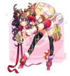  1girl :o antlers armband artist_name bare_shoulders bent_over black_hair boots breasts bustier christmas cleavage full_body fur_trim gift_bag long_hair looking_at_viewer medium_breasts midriff mittens namyo original red_boots shorts solo thigh-highs twintails violet_eyes 