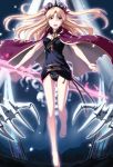  1girl barefoot blonde_hair cape earrings ereshkigal_(fate/grand_order) fate/grand_order fate_(series) hair_ribbon hirame_sa jewelry long_hair looking_at_viewer open_mouth polearm red_cape red_eyes ribbon skeletal_arm skull solo spear tiara tohsaka_rin twintails weapon 