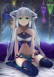  1girl ahoge animal_ears bandeau bangs bare_shoulders bed_sheet between_legs blue_legwear breasts cat_ears crop_top eyebrows_visible_through_hair green_eyes hair_between_eyes hand_between_legs highres indoors jewelry leaning_forward loincloth long_hair looking_at_viewer miyakura_shiiha navel on_bed original parted_lips pillow silver_hair sitting smile solo star wariza 