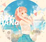  1girl artist_name bangs blue_skirt brown_hair cable cd_case commentary_request confetti facebook_username from_side hana_(asml30) hands_on_headphones instagram_username long_hair looking_at_viewer original pale_color skirt sleeveless solo speaker string_of_flags umbrella yellow_eyes 