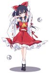  1girl armpits arms_behind_head arms_up ascot black_hair blush bow detached_sleeves full_body hair_bow hair_ribbon hair_tubes hakurei_reimu head_tilt large_bow long_hair looking_at_viewer mary_janes navel ribbon shoes skirt skirt_set smile socks solo tiptoes touhou tsurime yellow_eyes yukimiya_(parupunta) 