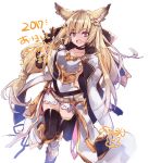  1girl \m/ anapom animal_ears armor blonde_hair boots braid coat granblue_fantasy open_clothes open_coat pink_eyes skirt thigh-highs yuisis_(granblue_fantasy) 