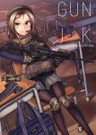  1girl airsoft bag brown_eyes cup desk dreadtie explosive from_above gloves grenade gun headset highres m4_carbine mug original pantyhose pleated_skirt remington_870 rifle school_bag school_desk scope shotgun sitting skirt solo trigger_discipline utility_vest weapon 