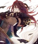  ahoge fire_emblem fire_emblem_if gloves long_hair male_focus one_eye_closed polearm red_eyes redhead solo spear teeth tsubaki_(fire_emblem_if) upper_body weapon white_background wind yukita819 