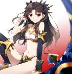  1girl bare_shoulders black_hair breasts cleavage detached_sleeves earrings fate/grand_order fate_(series) hair_ribbon hoop_earrings ishtar_(fate/grand_order) jewelry long_hair looking_at_viewer midriff navel red_eyes ribbon single_sleeve single_thighhigh sitting small_breasts solo thigh-highs tiara tohsaka_rin tsuedzu two_side_up 