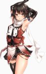  1girl armpits arms_up black_gloves black_hair brown_eyes elbow_gloves eyebrows_visible_through_hair gloves hair_ornament highres kantai_collection keita_(tundereyuina) looking_at_viewer neckerchief remodel_(kantai_collection) scarf sendai_(kantai_collection) shiny shiny_clothes simple_background single_thighhigh solo thigh-highs white_background white_scarf 