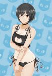  1girl amagami bell bell_collar bikini black_hair brown_eyes cleavage_cutout collar kishida-shiki looking_at_viewer nanasaki_ai patterned_background short_hair solo swimsuit 