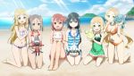  6+girls :&lt; :d aqua_eyes artist_request bangs barefoot beach bikini black_eyes blonde_hair blue_bow blush bow breasts brown_hair cleavage closed_mouth clouds collarbone day eyebrows_visible_through_hair fairy frilled_swimsuit frills front-tie_top full-face_blush green_eyes gyuuki_(yuyuyu) hair_between_eyes hair_bow hair_ornament hair_over_shoulder hair_ribbon hairclip half_updo halterneck hand_on_another&#039;s_shoulder hands_on_another&#039;s_shoulders head_tilt heart heart_print holding inubouzaki_fuu inubouzaki_itsuki kneeling long_hair looking_at_viewer low_ponytail medium_breasts miyoshi_karin multiple_girls navel nogi_sonoko o_o on_ground one-piece_swimsuit open_mouth orange_bikini outdoors parted_bangs red_eyes redhead ribbon seiza short_ponytail siblings side_ponytail sisters sitting smile striped striped_bow striped_swimsuit sunlight swimsuit tougou_mimori very_long_hair water white_bikini white_bow white_ribbon yuuki_yuuna yuuki_yuuna_wa_yuusha_de_aru yuusha_de_aru 