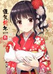  1girl 2017 animal bangs beak bird blush brown_eyes chicken closed_mouth eyebrows_visible_through_hair eyelashes feathers fingernails floral_background flower hair_flower hair_ornament highres holding_animal hyuuga_azuri japanese_clothes kimono long_hair long_sleeves new_year original ponytail rooster sash shiny shiny_skin sidelocks solo tareme translated upper_body wavy_hair wide_sleeves year_of_the_rooster 