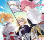  1boy 2girls armor armored_dress blonde_hair blue_eyes blush braid citron_82 fate/apocrypha fate/grand_order fate_(series) headpiece highres long_hair looking_at_viewer multiple_girls open_mouth pink_hair ponytail rider_of_black ruler_(fate/apocrypha) saber_of_red smile trap 